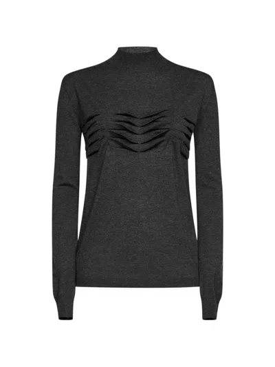 Jil Sander Anthracite Wool And Cashmere Knit Sweater With Pleats Detail In Black