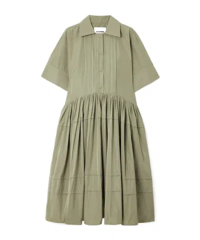 Jil Sander Pleated Sateen Midi Shirt Dress In Green