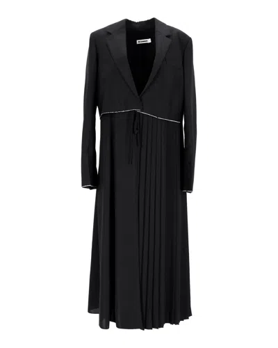 Jil Sander Pleated Tie-waist Coat In Black Wool
