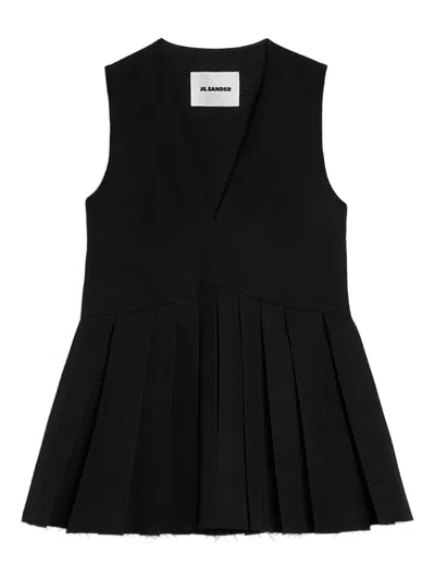 Jil Sander Wool Top Sleeveless V Neckline Pleated In Black