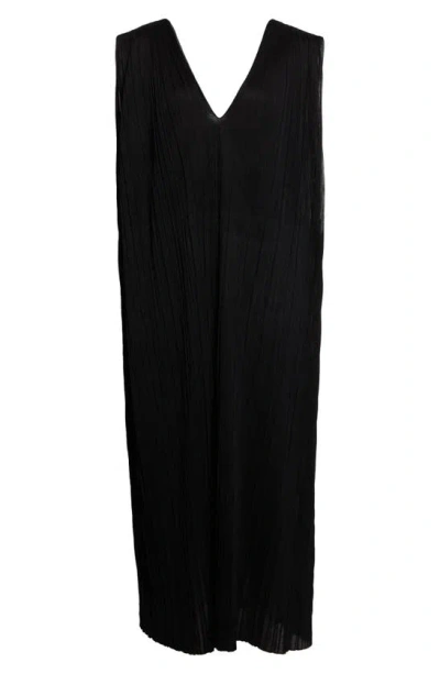 Jil Sander Plunge Neck Sheer Silk Plissé Maxi Dress In 001 Black