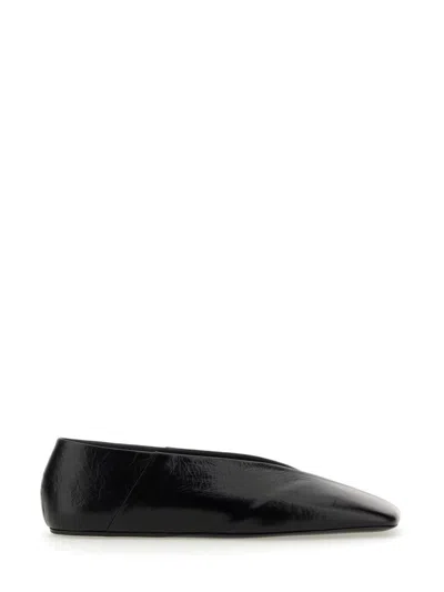 JIL SANDER POINTED BLACK LEATHER SLIPPERS WITH DESIGN