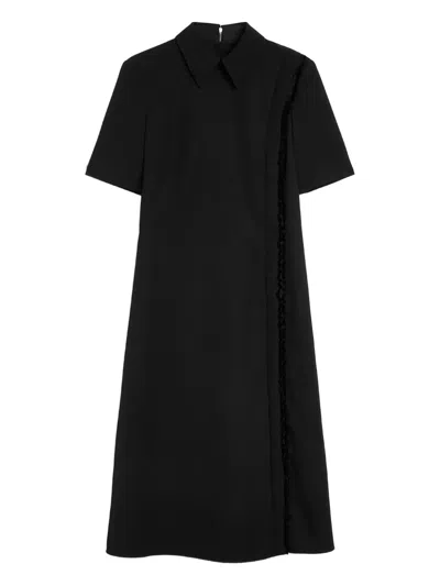 Jil Sander Pointed Collar Ruffle Wool Gabardine Dress In Black