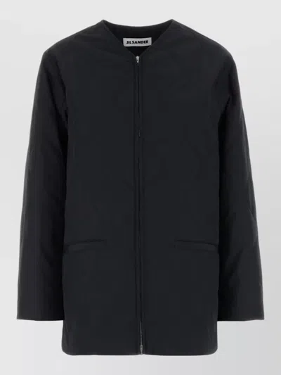 Jil Sander Polyester Jacket Long Sleeves Quilted Side Pockets In Blue