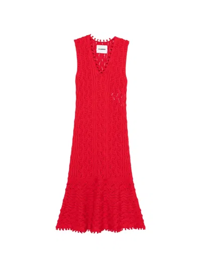 Jil Sander Pom-pom V-neck Midi Dress In Red