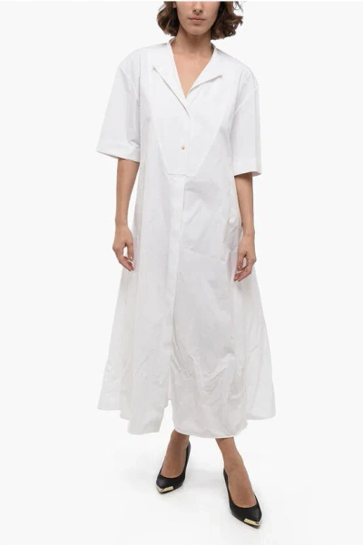 Jil Sander Popeline Cotton Flared Shirt Dress With Hidden Buttoning In White