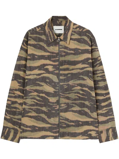 Jil Sander Printed Zip-up Overshirt In Green