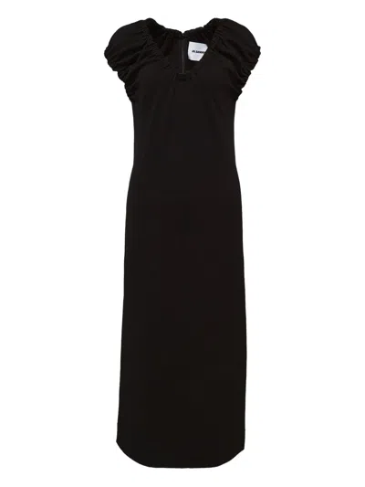 Jil Sander Puff-sleeve Midi Dress In Black