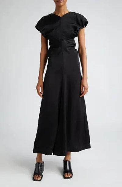Jil Sander Puff Sleeve Satin Midi Dress In Black