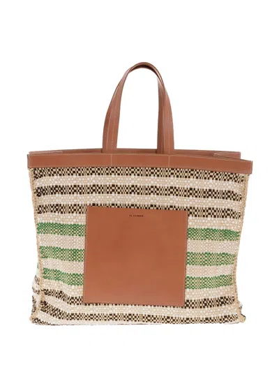 Jil Sander Raffia Tote Bag With Leather Details In Brown