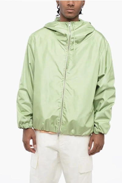 Jil Sander Recycled Poliester Hooded Windbreaker With Visor In Green