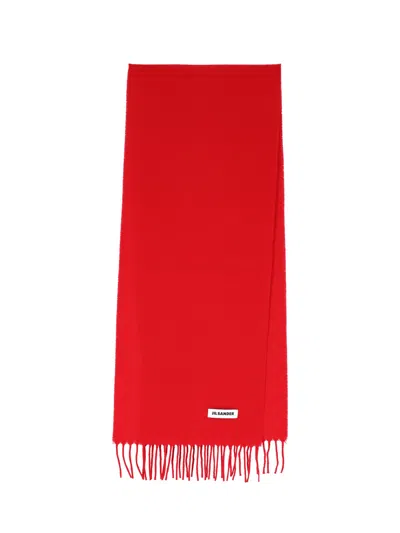 Jil Sander Red Virgin Wool Blend Fringed Scarf