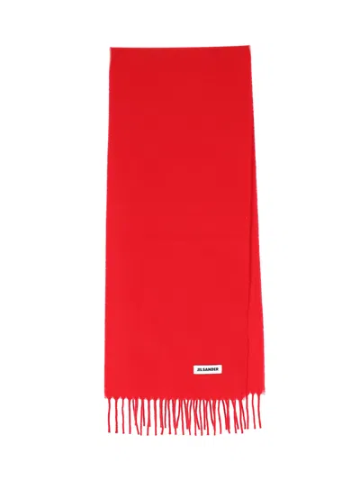 Jil Sander Red Virgin Wool Fringed Scarf In Brown