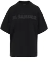 Jil Sander Round Neck Black Cotton T-shirt With Tonal Logo Print In Black