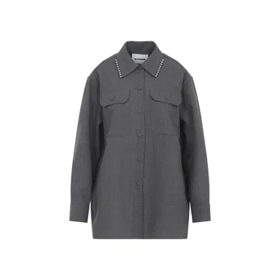 JIL SANDER JIL SANDER RELAXED FIT GREY WOOL SHIRT WITH PEARL TRIM AND FLAP POCKETS