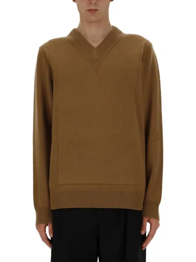 Jil Sander Relaxed Fit V-neck Sweater With Ribbed Details In Brown