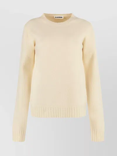 Jil Sander Ribbed Crew-neck Wool Sweater With Soft Texture In Beige