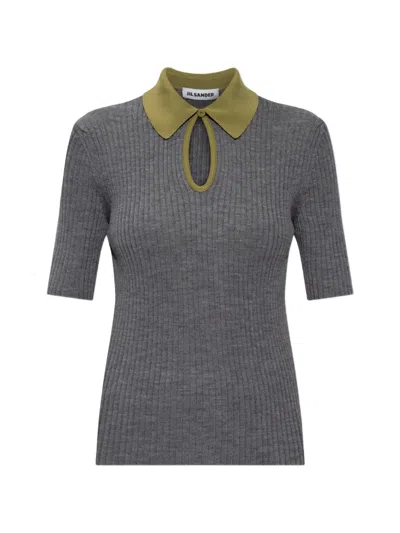 Jil Sander Ribbed Cut-out Polo Shirt In Gray