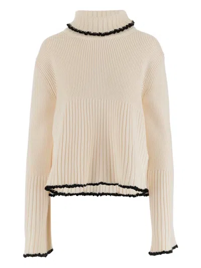 JIL SANDER RIBBED HIGH-NECK RUFFLED SWEATER