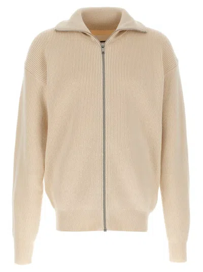 Jil Sander High Collar Cotton Cardigan With Ribbed Texture In Neutral