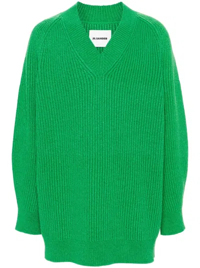 Jil Sander Oversized V Neck Ribbed Knit Sweater In Green