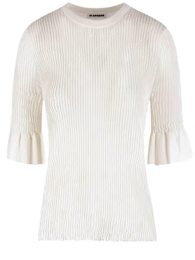 Jil Sander Ribbed Knit Top With Ruffled Sleeves In White