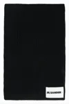 Jil Sander Ribbed Knit Wool Scarf With Contrasting Label Patch In Black