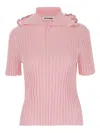 Jil Sander Ruffle Flounce Polo Shirt In Viscose Blend In Pink