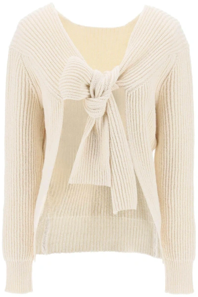 Jil Sander Ribbed Sweater With Tieable Closure In Beige