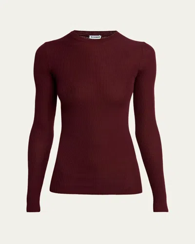 Jil Sander Ribbed Wool Crewneck Sweater In Burgundy