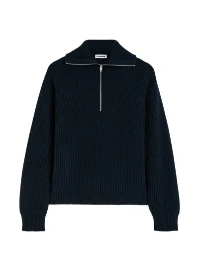 Jil Sander Half-zip Ribbed Knit Sweater With Wide Collar In Blue