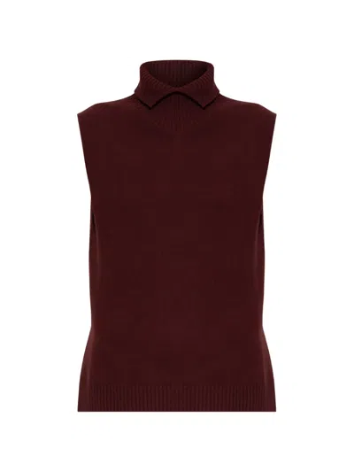 Jil Sander Ribbed-knit Collared Sleeveless Vest In Burgundy