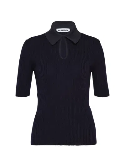 Jil Sander Ribbed-knit Keyhole Polo Shirt In Blue