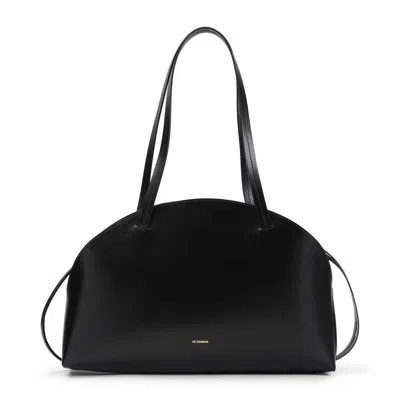 Jil Sander Rounded Leather Shoulder Bag With Gold Logo Detail In Black