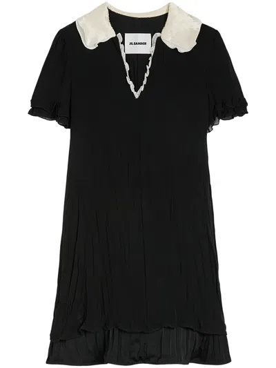 Jil Sander Ruffled Satin-trimmed Crinkled Silk-chiffon Dress In Black