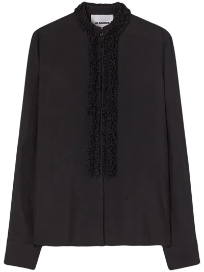 Jil Sander Ruffled Front Placket Long Sleeve Shirt In Black