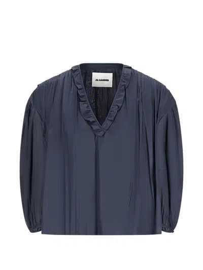Jil Sander Ruffled Pleated Blouse In Blue