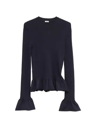 Jil Sander Ruffled Ribbed-knit Sweater In Black