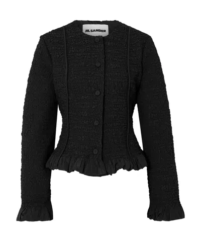 Jil Sander Ruffled Smocked Jacket In Black