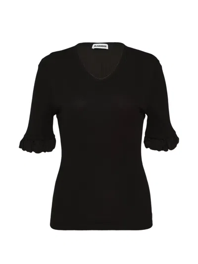 Jil Sander Ruffled-cuff V-neck Ribbed Top In Black