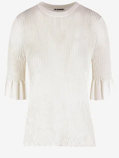 Jil Sander Ruffled-sleeve Ribbed Viscose Blend T-shirt In White