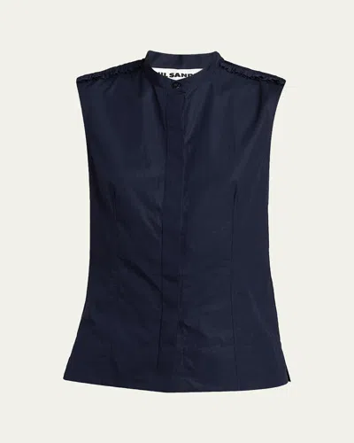 Jil Sander Ruffle-shoulder Sleeveless Button-down Shirt In Blue