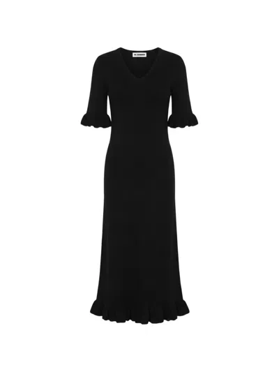 Jil Sander Ruffle-trim V-neck Maxi Dress In Black