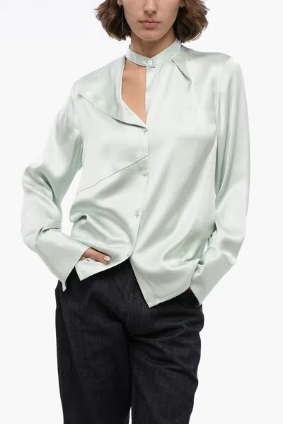 Jil Sander Satin Fluid Shirt With Asymmetric Mandarin Collar In Green