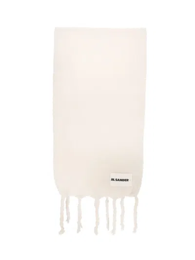 Jil Sander Minimalist White Scarf With Twisted Fringe Tassels In Grey