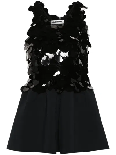 Jil Sander Sequined Sleeveless Racerback Knit Peplum Tulip Top In Black
