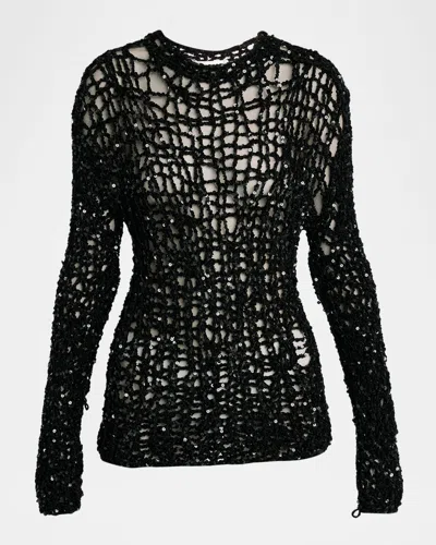 Jil Sander Sequined Open Knit Crewneck Sweater In Black