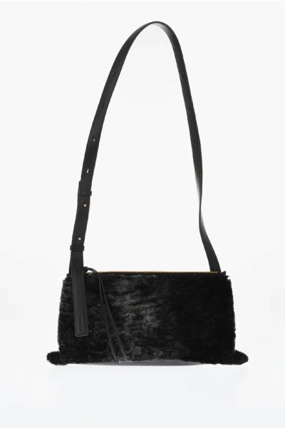 Jil Sander Shearling Empire Shoulder Bag With Adjustable Strap In Black