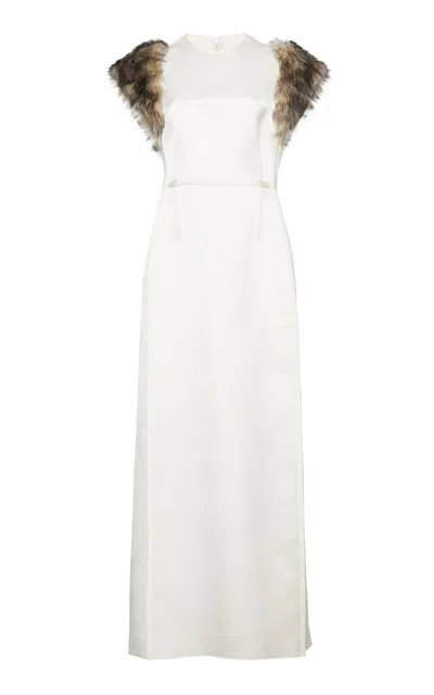 Jil Sander Shearling-trimmed Silk-blend Maxi Dress In White