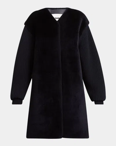Jil Sander Sheep Shearling Knit-sleeves Kaban Coat In Black